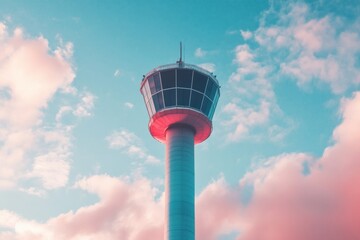 Aufkleber - Retro-Futuristic Airport Control Tower Minimalist Industrial Design Against Pastel Sky - Innovative Transportation Infrastructure Visual