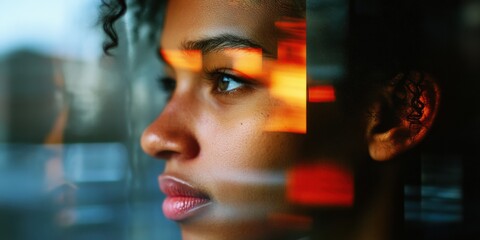Fototapete - Immersive Digital Identity Cinematic Profile Portrait Exploring Emotional Depth through Translucent Tech-Inspired Visual Overlay - Next-Gen Personal Branding Aesthetic