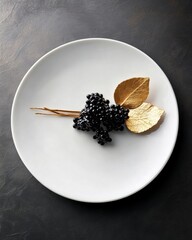 Aufkleber - Minimalist Gourmet Caviar Artistry Luxe Culinary Styling with Golden Leaf Accent - Premium Fine Dining Visual Storytelling for Haute Cuisine Marketing