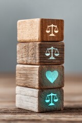 Aufkleber - Minimalist Corporate Ethics Stack Wooden Blocks Symbolizing Balance, Justice, and Compassion in Modern Business Strategy - Sustainable Leadership Visualization