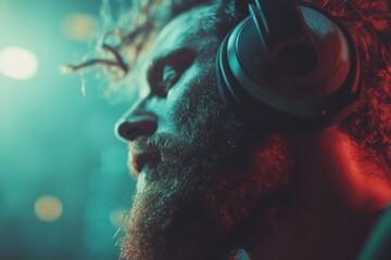 Leinwandbilder - Immersive Audio Experience Cinematic Podcast Profile with Moody Lighting, Revealing Gen Z Creative Professionals Digital Storytelling Aesthetic