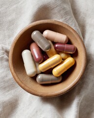 Poster - Holistic Wellness Essentials Artisan Wooden Bowl with Multicolored Nutraceutical Supplements - Organic Health Optimization for Mindful Living