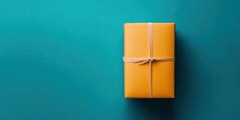 Poster - Minimalist Gift Design Vibrant Mustard Yellow Present on Rich Teal Background - Contemporary Unboxing Experience and Digital-First Gifting Aesthetic