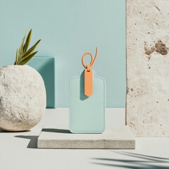 Fototapete - Minimalist Travel Essentials Soft Pastel Leather Luggage Tag Showcasing Modern Personalization and Sustainable Design for Global Nomads and Digital Professionals