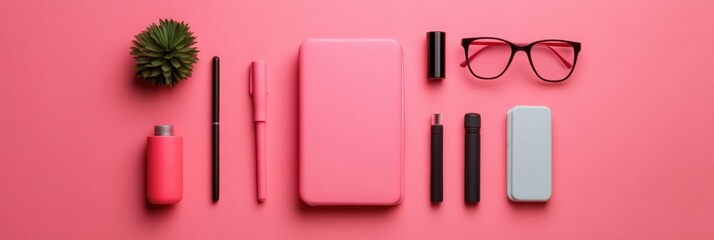 Leinwandbilder - Millennial Minimalist Workspace Monochromatic Productivity Essentials in Gen Z Pink - Sleek Tech Accessories and Creative Professional Styling