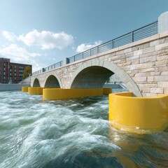Poster - Climate Resilience Visualized Historic Stone Bridge with Adaptive Yellow Flood Barriers - Urban Infrastructure Sustainability and Extreme Weather Mitigation Strategy