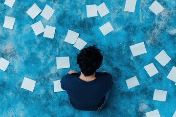 Fototapete - Digital Overwhelm Visualized Millennial Cognitive Burnout in Hyper-Connected Workspace - Navigating Information Overload through Mindful Productivity Solutions