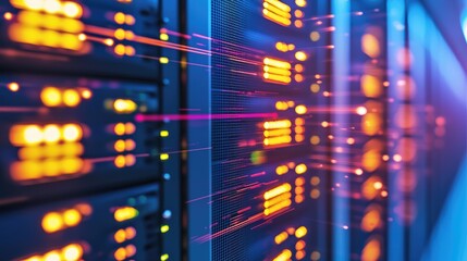 Fototapete - Abstract view of a server with motion light trails in vibrant colors, illustrating fast data transfer and digital communication technology
