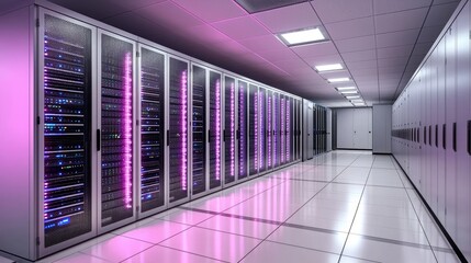 Poster - High-tech data center with pink and purple glowing lights and futuristic server cabinets, great for tech, cloud infrastructure, and AI themes