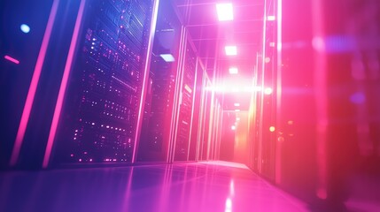 Aufkleber - Server racks with glowing panels in an illuminated corridor, showcasing futuristic data center technology and advanced IT infrastructure systems