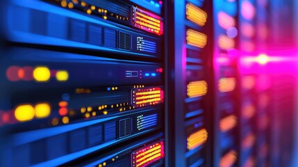Poster - Colorful server LEDs indicating system activity in a glowing network rack, ideal for futuristic IT infrastructure and cloud service visuals