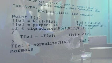 Poster - Man presenting C++ technology lecture in conference hall, with animated code overlays and icons