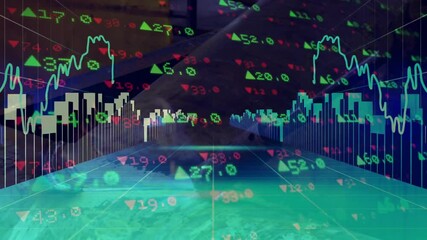 Aufkleber - Visualization charting financial market data on 3D grid planes, featuring green and red arrows