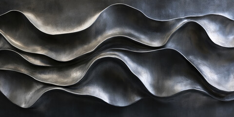 Poster - Dark gray metallic texture with wavy, flowing lines creating an abstract, elegant design suitable for modern or minimalist backgrounds