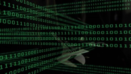 Poster - Rows of green binary digits streaming across black field, showing depth in 3D animated data flow