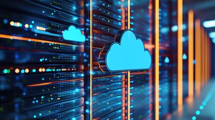 Poster - Detailed shot of glowing data servers in soft focus with warm lights, ideal for tech content, server hosting services, and digital infrastructure campaigns