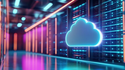 Aufkleber - Symmetrical neon-lit corridor in a futuristic data center, ideal for network management, online infrastructure, and high tech concept visuals