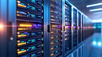 Poster - Glowing cloud icon in a modern server room, perfect for illustrating cloud technology, data security, or IT service infrastructure visuals