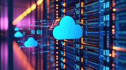 Fototapete - Stylized blue cloud icon floating in digital server hallway, ideal for cloud infrastructure, AI computing, and futuristic web hosting illustrations
