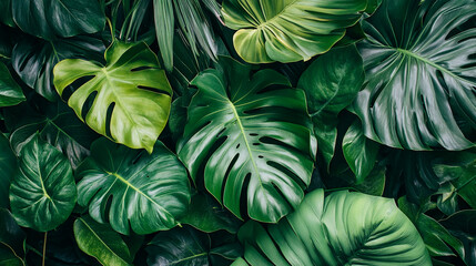 Aufkleber - Dense array of lush green tropical leaves, showcasing diverse textures and shapes, representing vibrant nature, ideal for botanical or summer themes