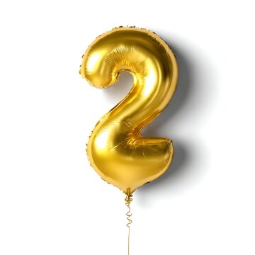 A golden number two balloon floats against a white backdrop