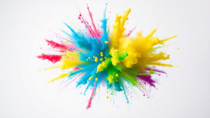 Poster - Colorful explosion of vibrant powder paints creating an abstract cloud on a clean white background created with generated ai