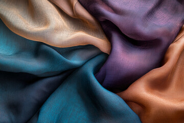 Poster - Close-up view of draped fabric in teal, brown, and purple hues, showing texture and folds, showcasing elegance and softness, ideal for design background