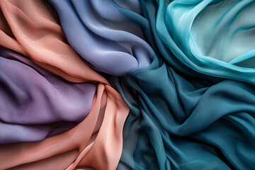Aufkleber - Soft, draped fabric in peach, purple, blue, and teal shades creates a flowing, textured background suitable for design projects or branding