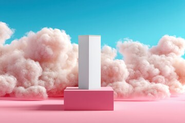 Poster - Minimalist product display with soft pink clouds against a serene blue sky perfect for cosmetic packaging and skincare product marketing