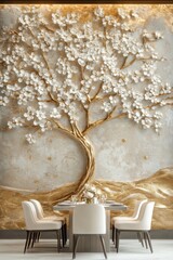 Poster - Elegant dining room with a golden tree art piece creating a serene ambiance and luxurious atmosphere for a sophisticated dining experience