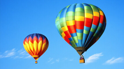 Poster - Two hot air balloons, multicolored and vibrant, ascend against a clear blue sky, symbolizing adventure, freedom, and travel
