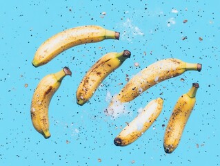 Poster - Vibrant still life of ripe bananas floating against a light blue background with scattered small dark spots creating a dynamic and playful composition
