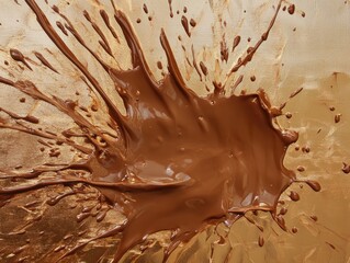 Poster - Abstract chocolate splash on gold background creating dynamic movement and rich texture capturing the essence of indulgence and artistic expression with a high angle view