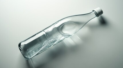 Poster - Minimalist still life of a clear glass bottle with white cap casting a soft shadow on a white surface creating a clean and modern aesthetic with a focus on simplicity