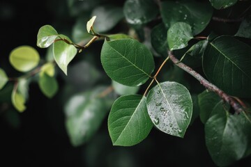 Poster - Serene close up of vibrant green leaves glistening with raindrops on a branch against a dark background showcasing nature's beauty in a tranquil and organic scene
