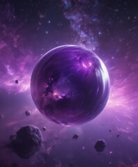 Wall Mural - shimmering orb floats in a vibrant purple nebula, cosmic dust motes dance around , ethereal, purple,