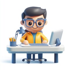 Poster - Smiling cartoon character works at a computer desk.