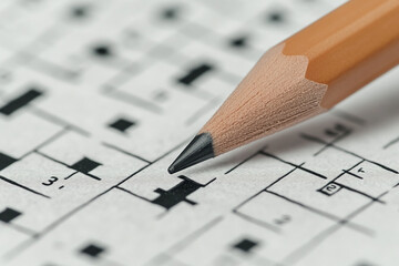 Aufkleber - Close-up of pencil on crossword puzzle, showing detail of graphite tip and wood grain, representing focus, problem-solving, and mental acuity