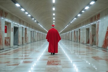 Poster - a person wearing red robes walks down a long hallway