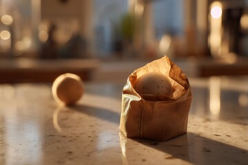 Poster - Decorative wooden ball wrapped in natural material placed on a countertop during warm evening light
