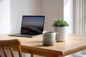 Poster - Modern workspace with a plant, coffee cup, and laptop in a bright room during daylight