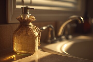 Poster - Decorative soap dispenser on a countertop in warm afternoon light near a sink