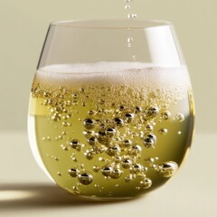 Poster - Effervescent delight in a glass of sparkling wine with golden bubbles creating a festive mood and a sense of celebration with a light background and a close angle