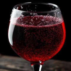 Poster - Sparkling red wine in a glass with bubbles on a dark background in a close up shot capturing the effervescence and rich color of the beverage in a moody setting