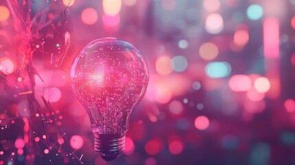 Poster - Digital innovation concept with glowing light bulb and circuit board pattern on blurred pink background futuristic technology and creative idea