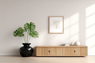 Poster - Modern living room with minimalist decor showcasing plants and natural light in a serene indoor space