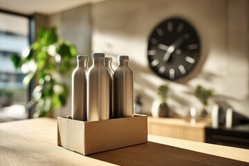 Poster - Metal water bottles arranged in a cardboard box on a kitchen counter with a clock in the background