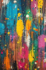 Poster - Vibrant wood texture with colorful paint splashes and drips creating an abstract artistic background perfect for creative projects and design inspiration showcasing vivid hues