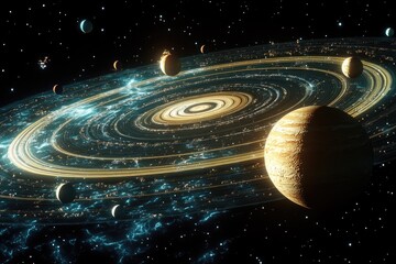 Poster - A planetary system with rings and numerous celestial bodies