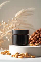 Poster - Elegant black jar on pedestal with peanuts and decorative plants showcasing natural skincare product minimalist aesthetic for beauty blog and cosmetic brand